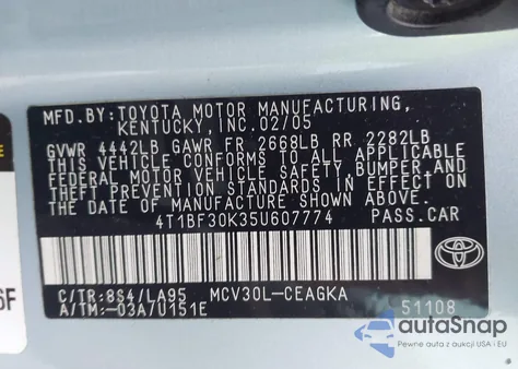 2005 Toyota Camry Xle V6 из США, поврежденный, VIN 4T1BF30K35U607774